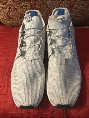 adidas Men’s Knit Sneakers — Light Gray with Blue Pull Tabs